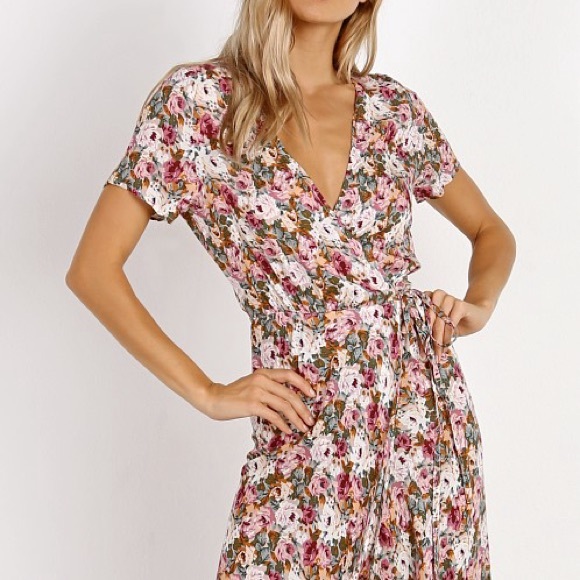 Auguste The Label Wild Rose Pink Dusty Floral Maxi Midi Wrap Dress US 6 - Picture 2 of 5